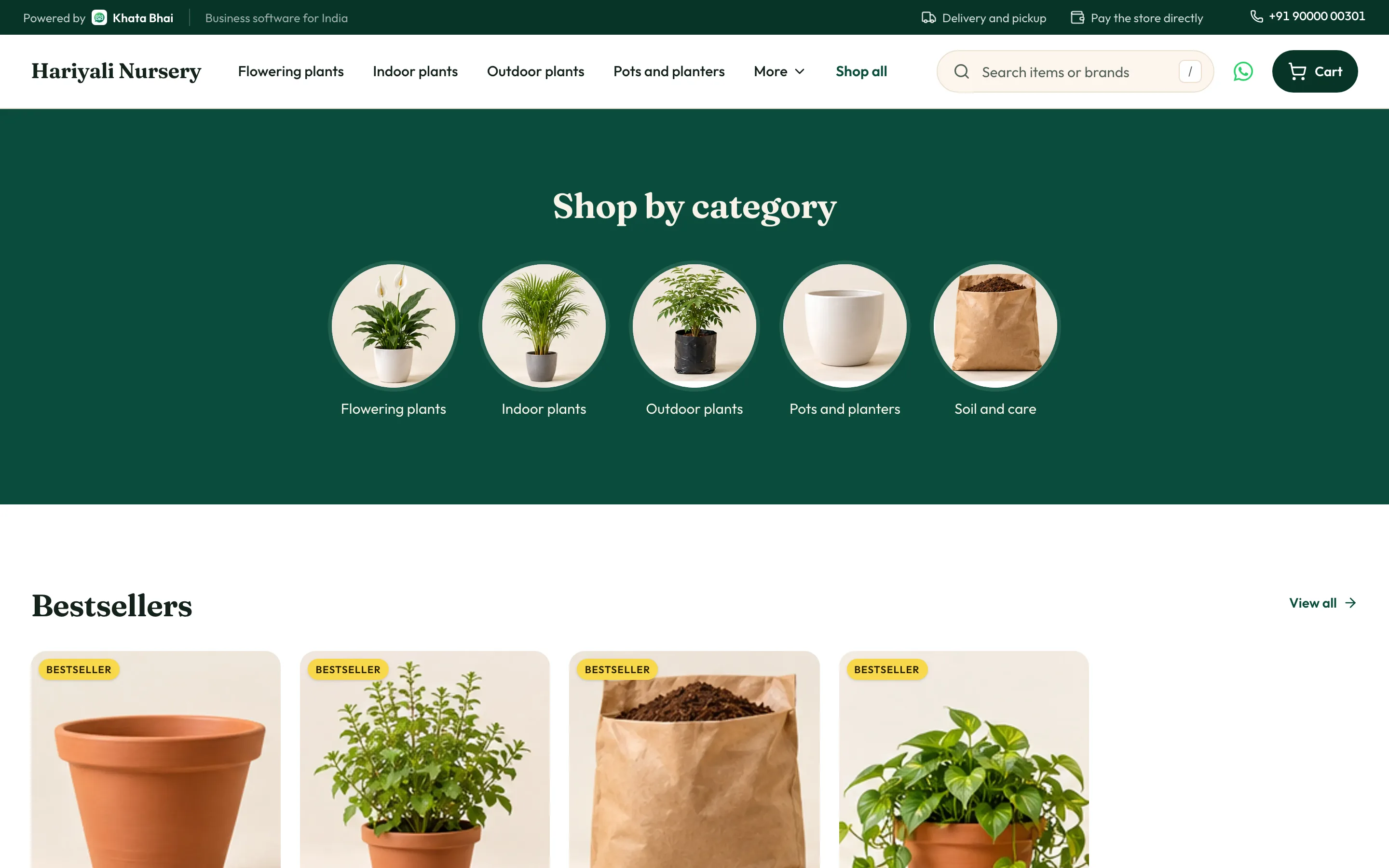 A plant nursery's online store on KhataBhai: categories, search, bestsellers and a cart