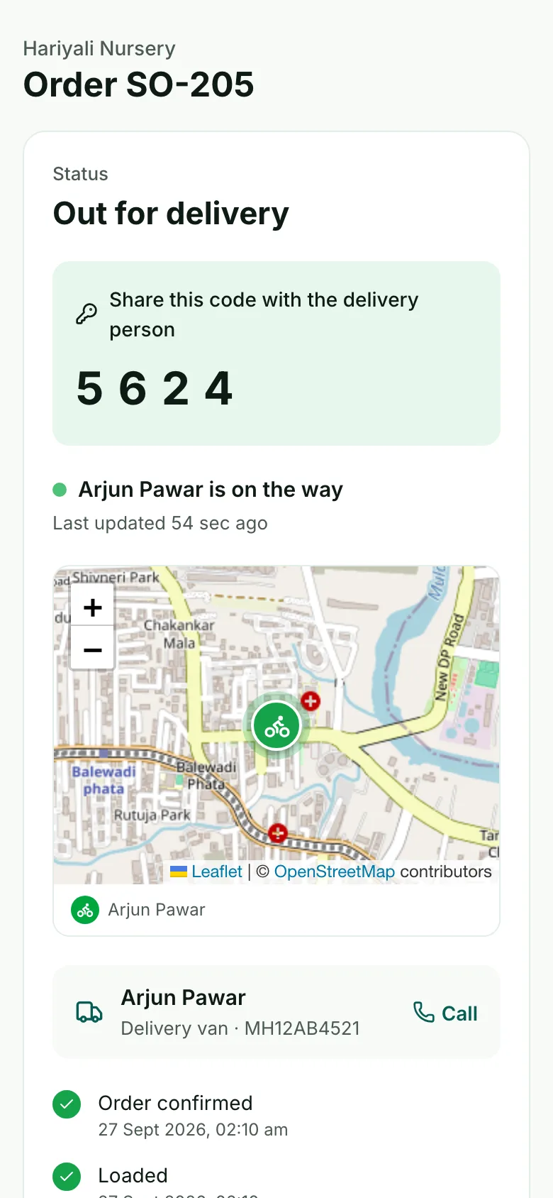 The customer's tracking page: out for delivery, the delivery code, the driver on a map, when the location was last updated, and the order's steps