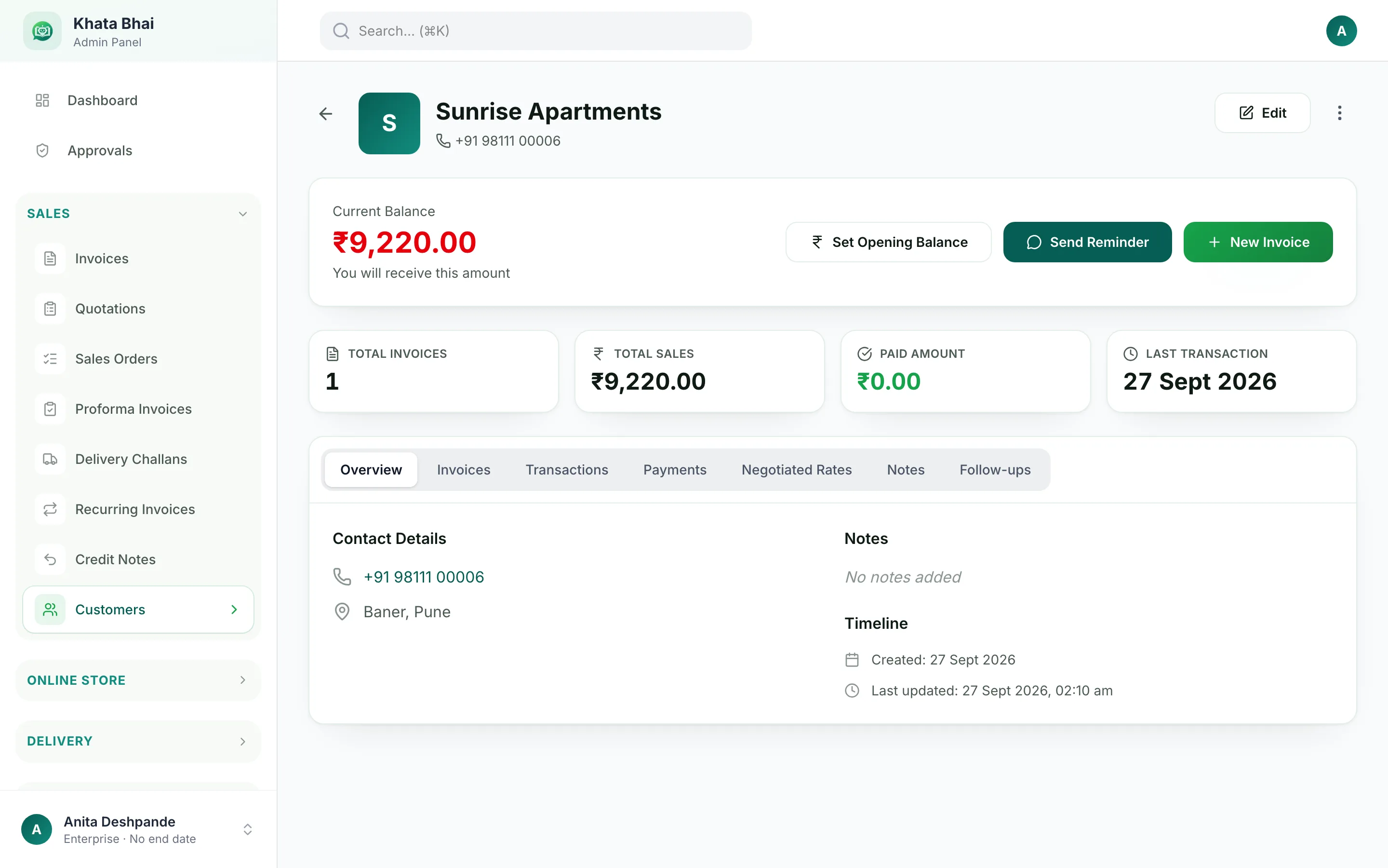 A customer's page with the balance they owe, a Send Reminder button, invoices, payments, notes and follow-ups