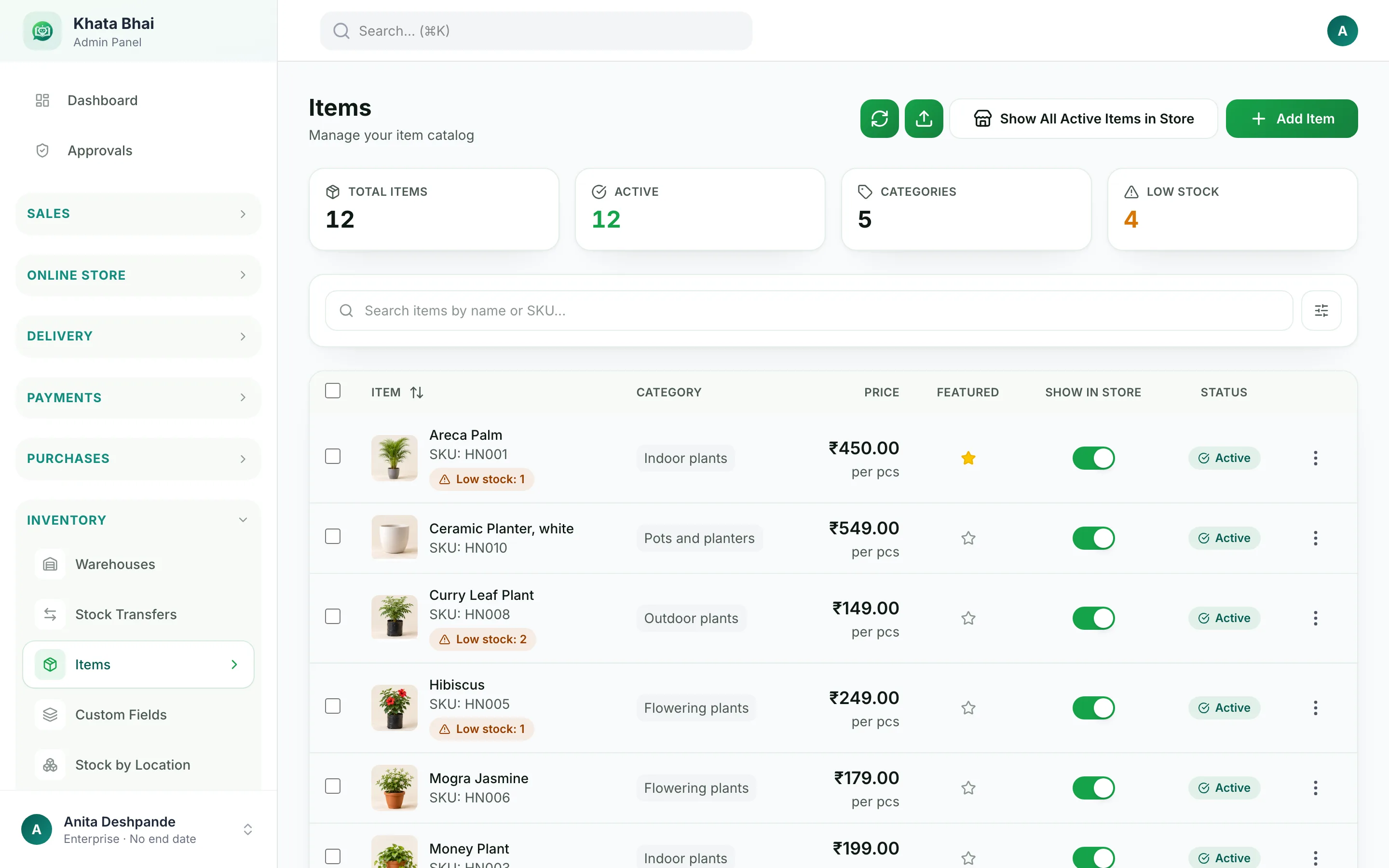 Items list with prices, categories, low stock warnings and a Show in store switch for each item