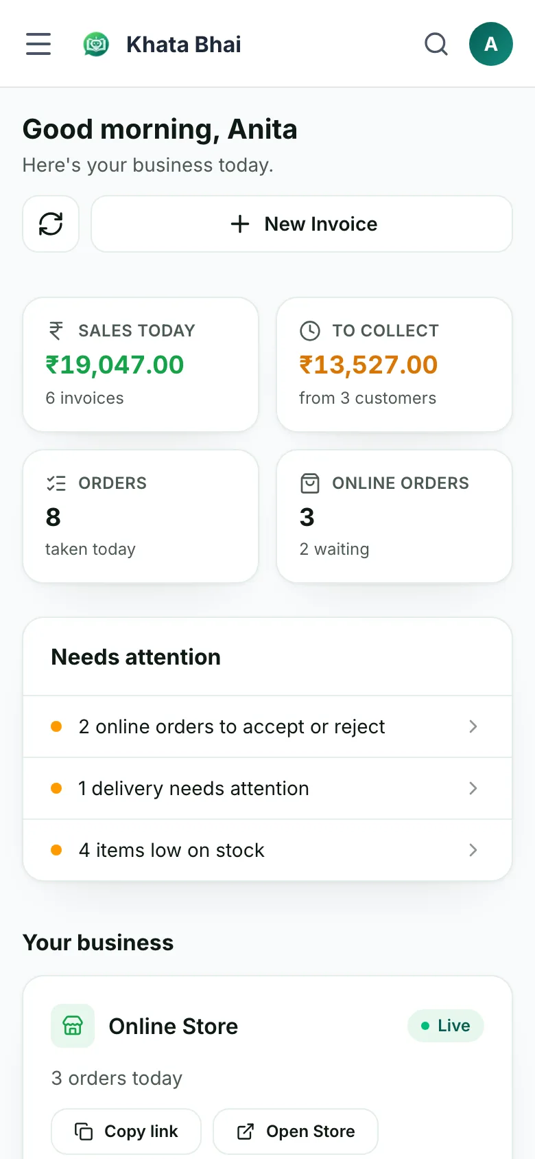 KhataBhai owner home on a phone: sales today, money to collect, orders, online orders and what needs attention