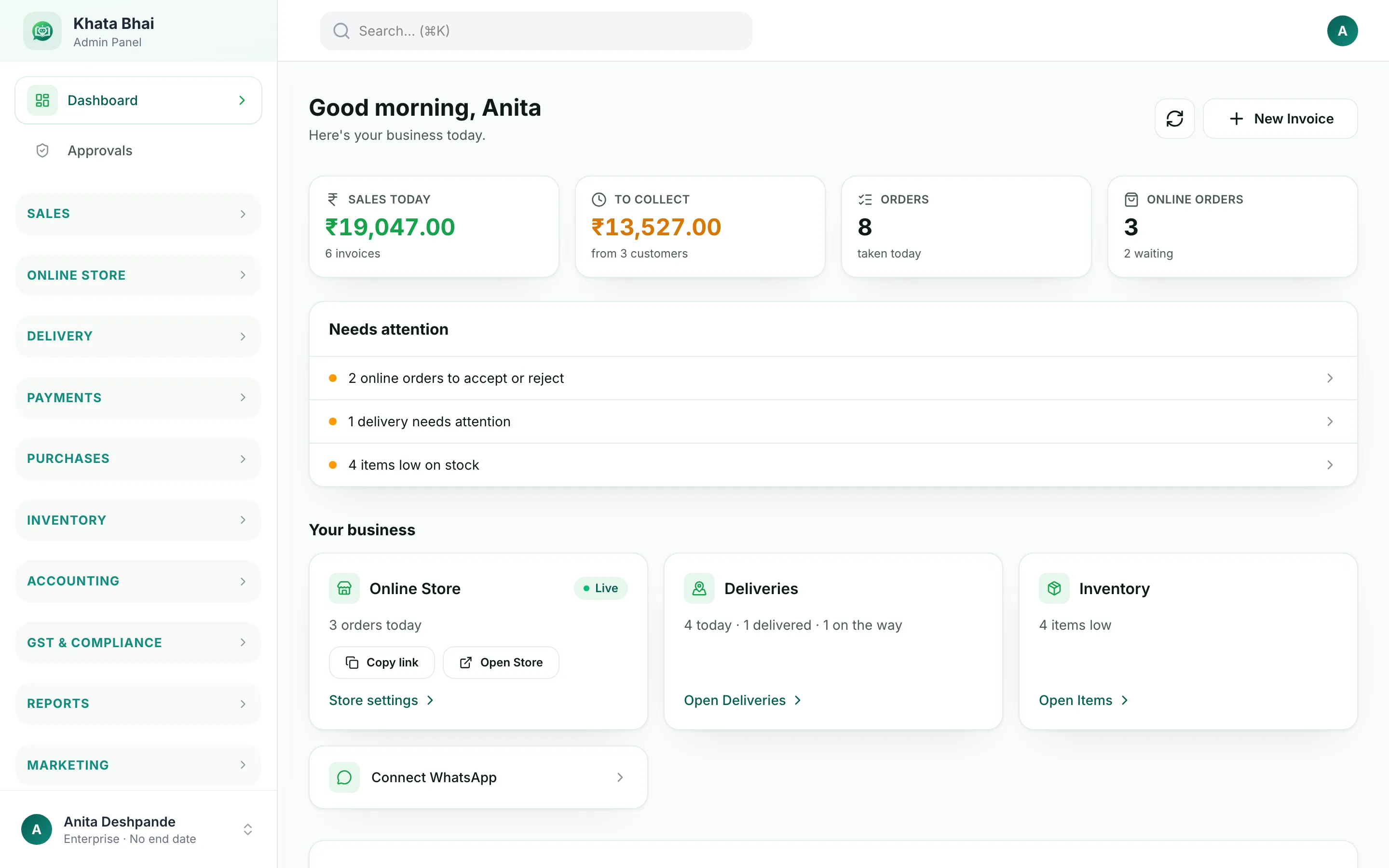 KhataBhai owner home: sales today, money to collect, orders, online orders, what needs attention, online store, deliveries and inventory